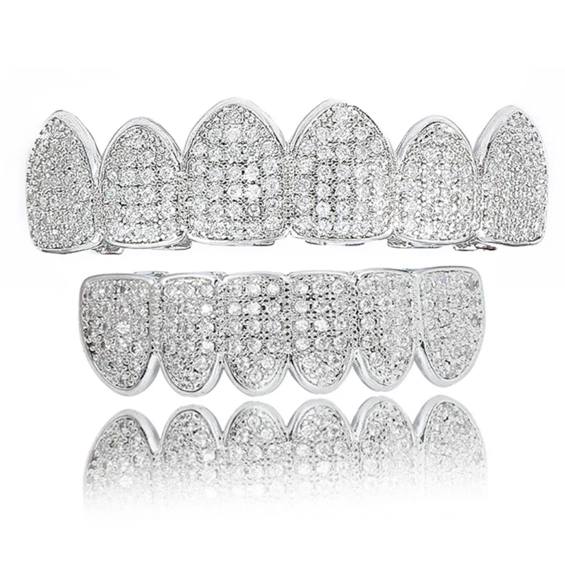 Cubic Zircon Hip Hop Fangs Teeth Grillz Top & Bottom Grills Dental Mouth Punk Teeth Caps Cosplay Party Rapper Jewelry