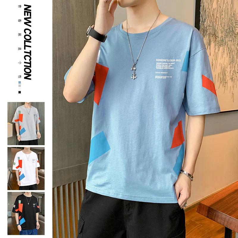 New Men's Short-sleeved Korean Version of the Trend of Loose Imitation Cotton Couple Ice Silk Top Young Casual Clothing On Sale.