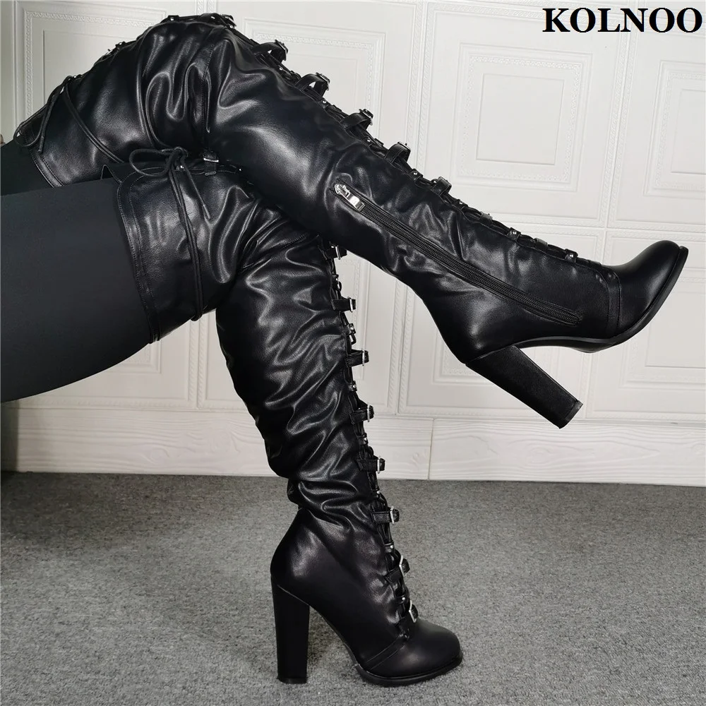 

Kolnoo 2022 Elegant Style Handmade Women Chunky Heel Over Knee Boots Buckles Shoelace Winter Booties Evening Fashion Party Shoes