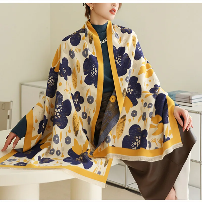 New Ladies Fashion European and American Style Flower Pattern Printing Imitation Cashmere Shawl Multifunction Warm Scarf