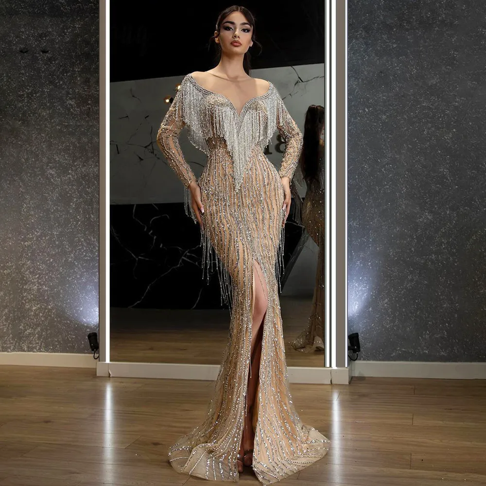 Luxury Crystals Deep V Neck Mermaid Evening Dress with Beading Tassle Women Wedding Formal Party Prom Gowns Graduation Dresses