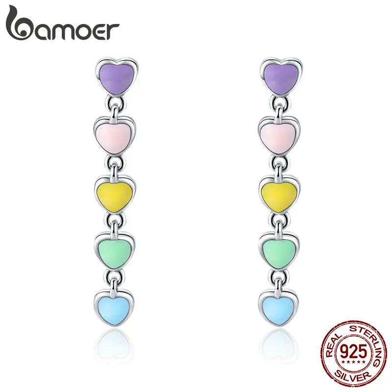 BAMOER Romantic Genuine 925 Sterling Silver Rainbow Heart Enamel Drop Earrings for Women Fashion Sterling Silver Fashion Jewelry