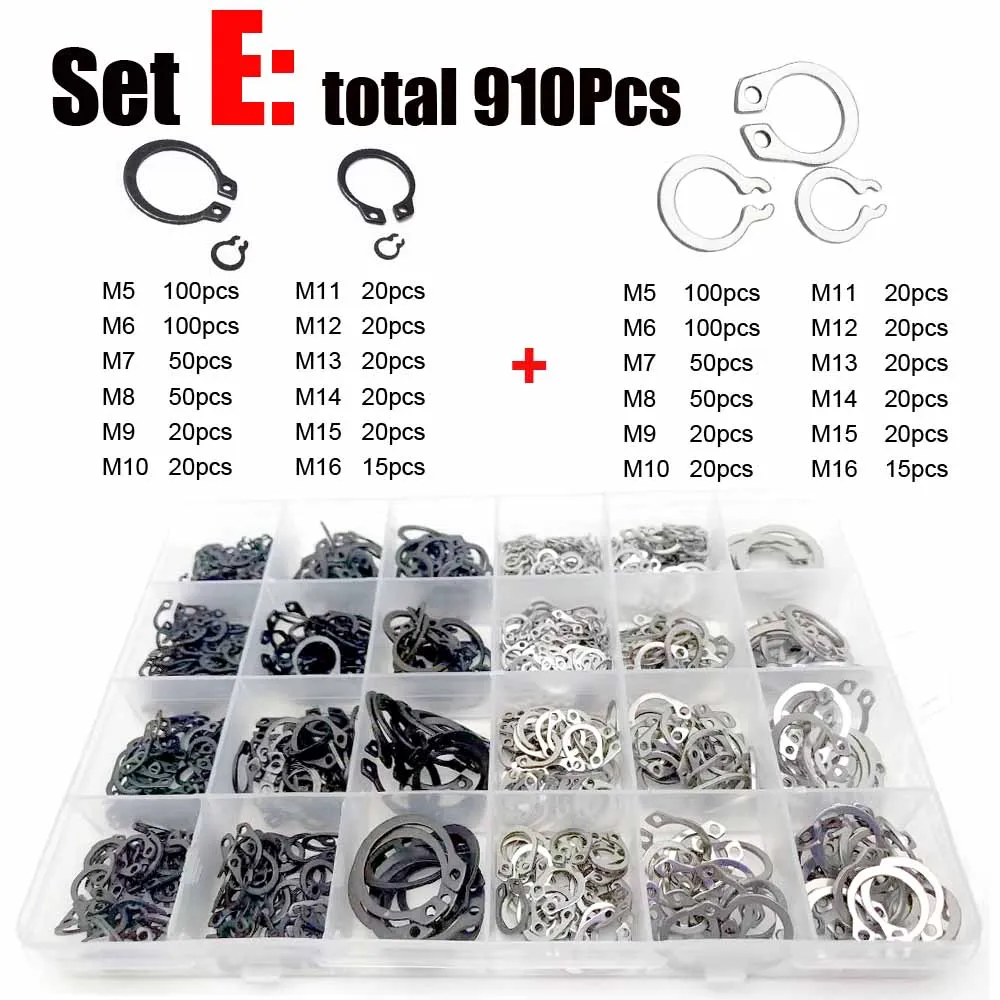 340/910pc M3 to M20 External Circlip Assortment Kit Set Black 65mn Stainless Steel Shaft Bearing Retaining Clip Snap Ring C Type