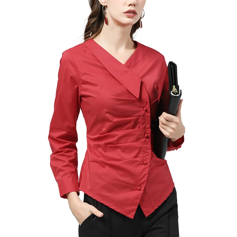 2020 Autumn New Office Ladies Shirt Asymmetry Design Long Sleeve Red Cotton Tops Slim Plus Size Fashion Korean Blouses Graceful