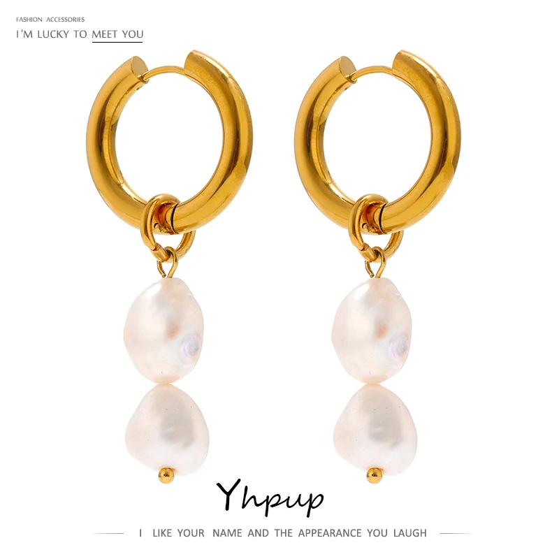 Yhpup Stainless Steel Natural Pearl Hoop Earrings Charm Metal Texture Geometric Fashion Jewelry украшения бижутерия Gift