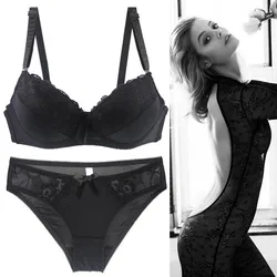 2021 New Sexy Push Up Bra Sets Intimates Lace Middle Mold Cup Thongs Underwear Solid Bow 70-105 BCDE Female Plus Size Lingerie