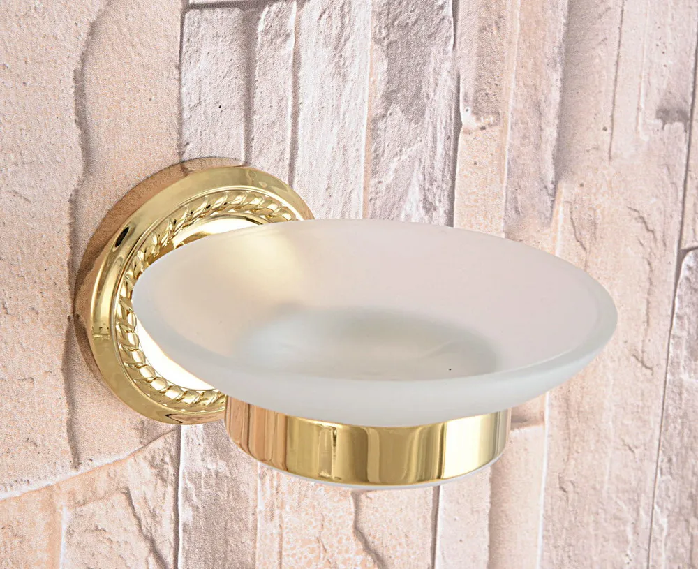 

Golden Brass Bathroom Wall Mounted Scrub Glass Soap Dish Holder 2ba588