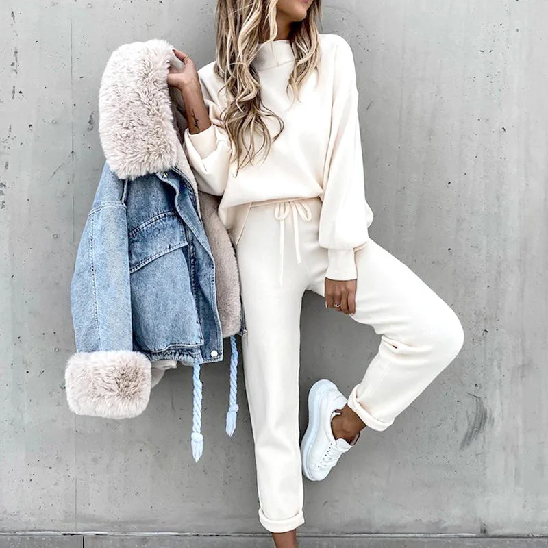 Casual Solid Sweatshirt Suit Women Autumn Turtleneck Pullover and Pencil Pants Winter Plus Size Female Tracksuit 2 Piece Sets