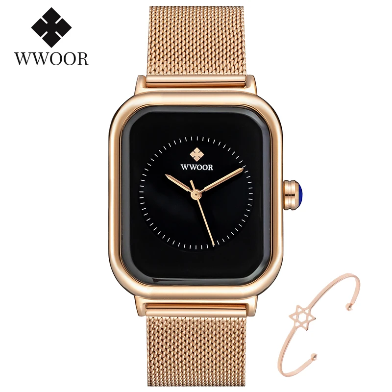 WWOOR 2024 New Design Women Watches Top Brand Luxury Rose Gold Rectangle Watch Ladies Black Exquisite Quartz Wristwatch For Gift