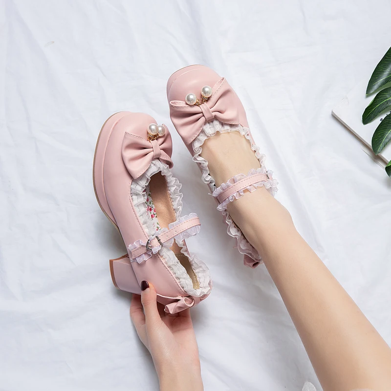 Big Size Lolita Girls Candy Color Comfortable Mary Janes Shoes Bowtie Lace Ruffles Platform High Heel Cosplay Women Pumps Autumn