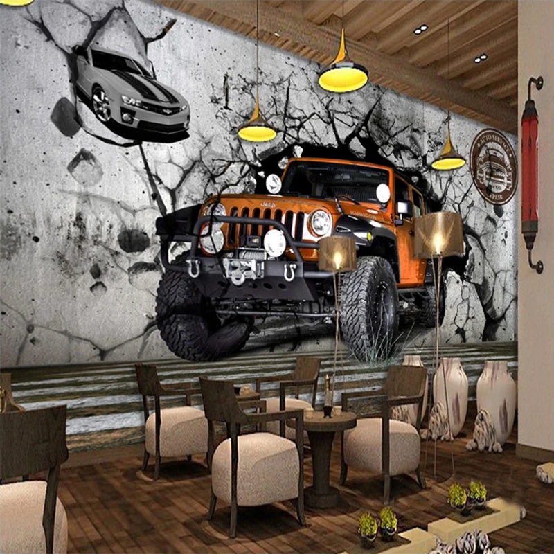 Custom Photo Car Broken Wall 3D Personality Poster Mural Wallpaper Cafe Restaurant KTV Living Room Background Retro Wall Murals