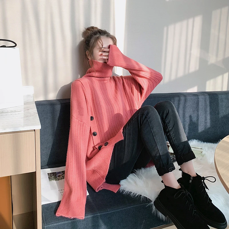 Girl Solid Color Turtleneck Knitted Sweater Female Side Split Loose Loose Sweater Sweater Lazy Wind Pullover Women 2023 Spring