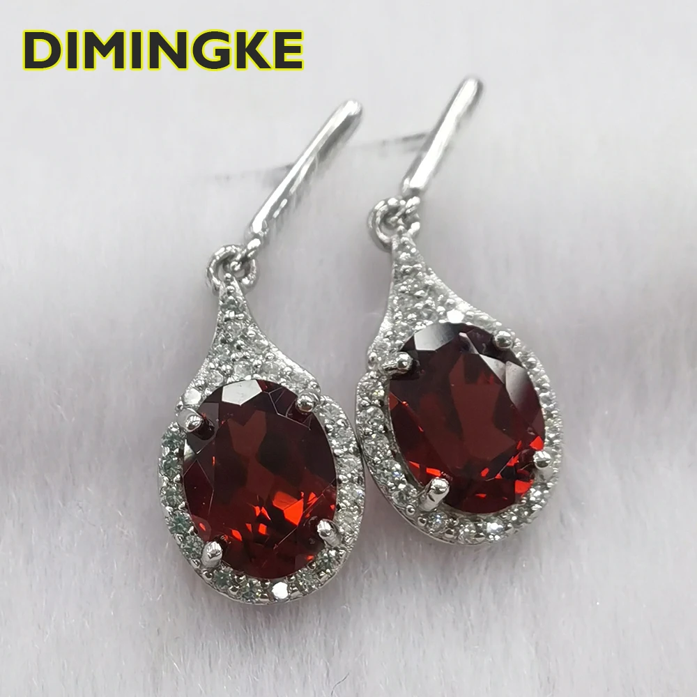 

DIMINGKE S925 Silver Earrings 5*7MM Natural Garnet Woman High Jewelry Party Anniversary Birthday Gift