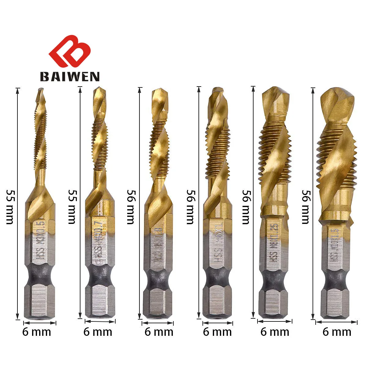 Juego de brocas de grifo de 1/4 ", vástago hexagonal, tornillo compuesto Chapado en titanio M3/M4/M5/M6/M8/M10, herramientas y accesorios para trabajar la madera, 6 piezas