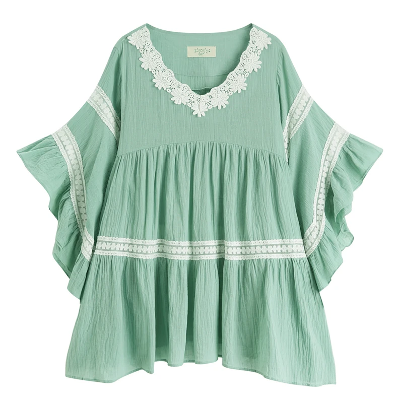 Blusa holgada informal de algodón y lino para verano y primavera, camisa holgada de gran tamaño con encaje, color verde, estilo coreano