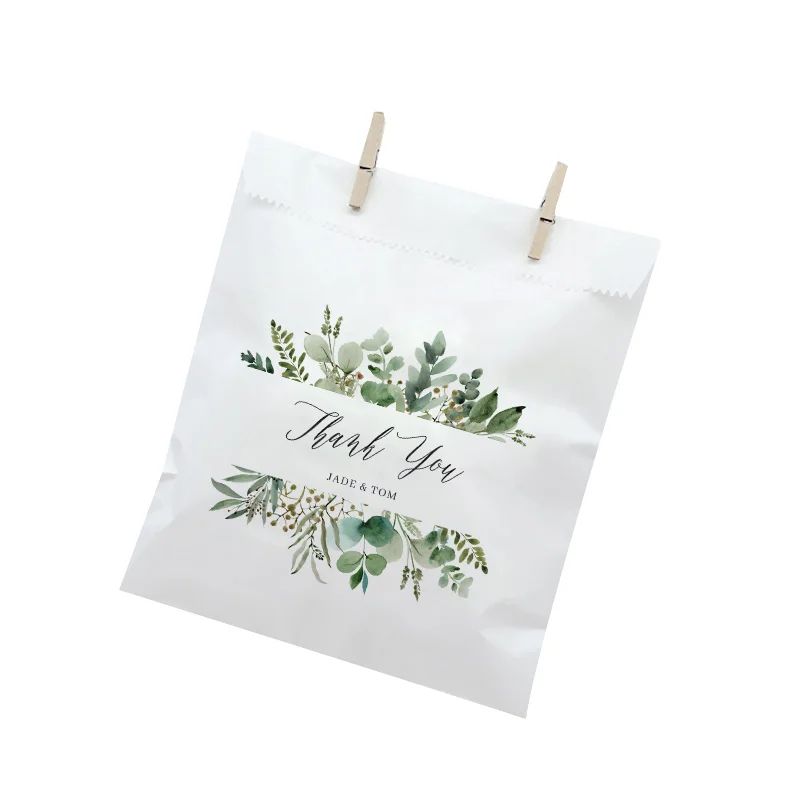 Personalized Eucalyptus Leaves Wedding Favor Bags,Custom Name/Date, Thank You Gift Bag,White Kraft Paper, Cookie and Candy Bag