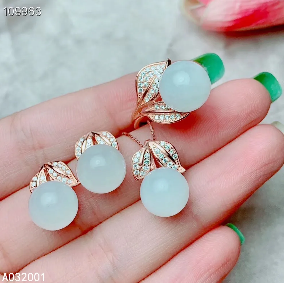 

KJJEAXCMY fine jewelry natural white jade 925 sterling silver women pendant necklace ring earrings set support test noble