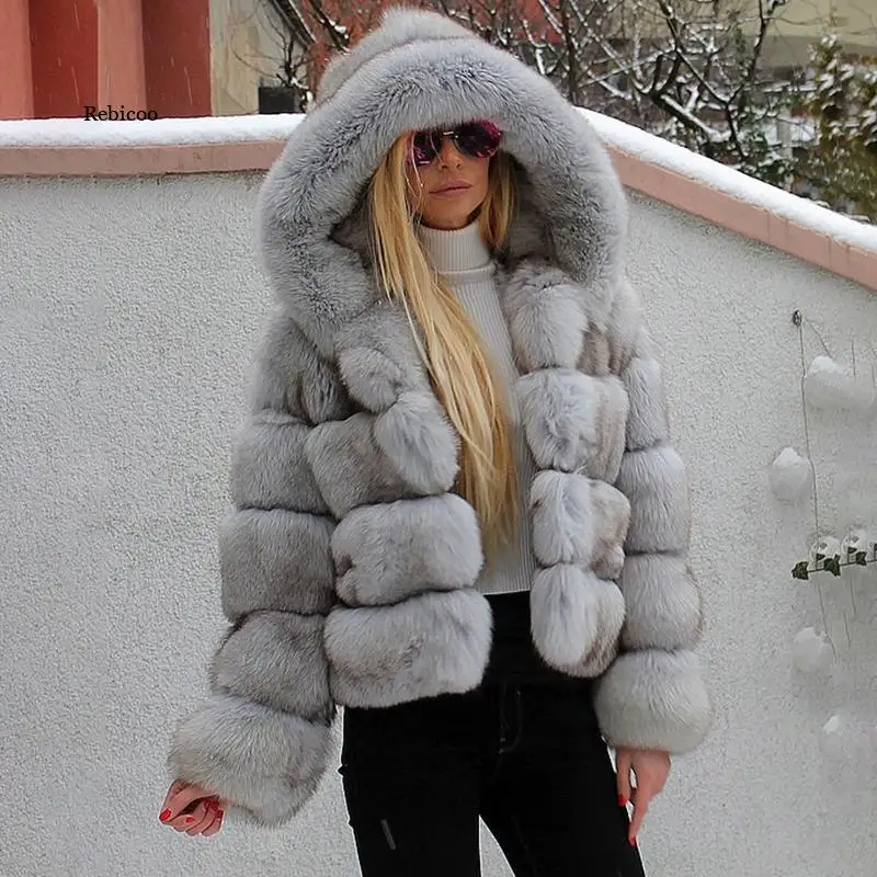 Luxury Eco-friendly Fur Coat Customize Winter fake Fox Fur Jackets With Hood Short Fur Coats Slim Jackets Furry Coat Femme