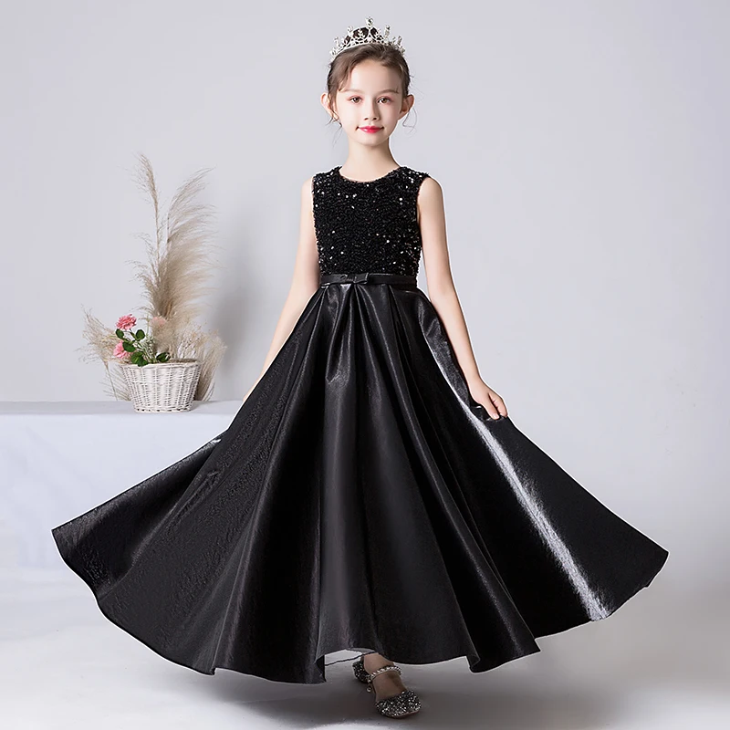 Dideyttawl Customized Sparkly Sequins Satin Girls Formal Dress Long Birthday Party Dresses Girl Princess Gown Black Navy Blue