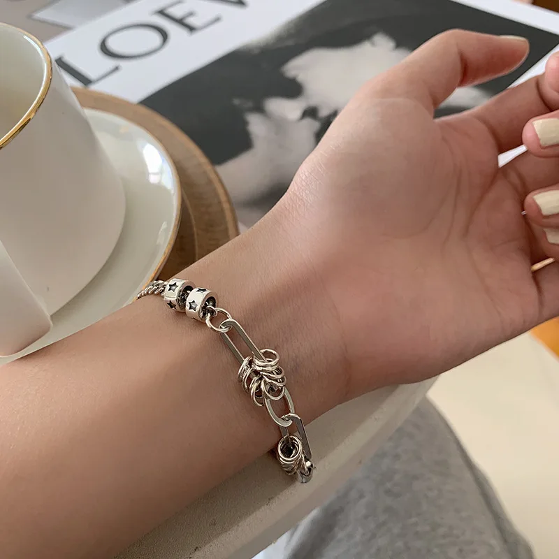 Sterling Silver plated Thai Silver Bracelet for Women Vintage Geometric Heart Love Lucky Punk Jewelry 2023 New Dropship