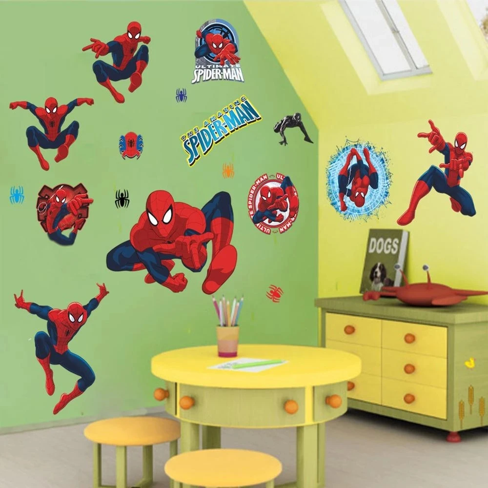 Pegatinas de pared de Superman y Spiderman, calcomanías 3D para decoración de habitación de niños, 45x60