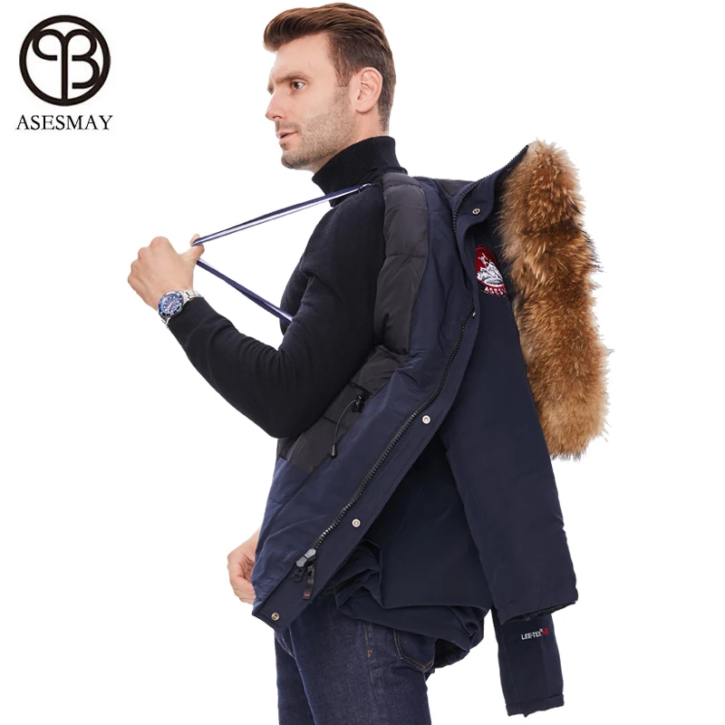 Asesmay men winter jacket parka with raccoon fur hood coat thick warm puffer orange jackets detachable suspenders plus size