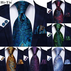 Jacquard Peacock Blue Novelty Design Wedding Tie For Men Hanky Cufflinks Gift Mens Necktie Set Business Party Dropshipping