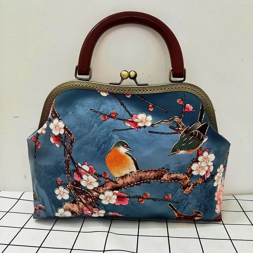 Bolsa de ombro vintage para mulheres, flores, bloqueio de pássaro, concha, corrente, tiracolo, bolsa de madeira, bolsa feminina