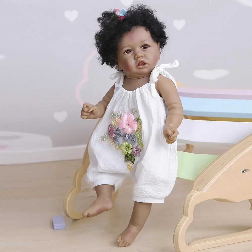 

Bebes doll 56CM l African American baby soft full body silicone100% hand-made detailed painting collectibles rebborn doll