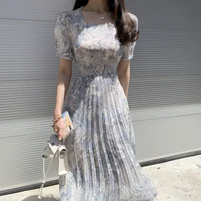 2022 Summer Water-color Printed Korean Chiffon Long Dress Women Short Sleeve Square Collar Belted Pleated Elegant Dresses Femme