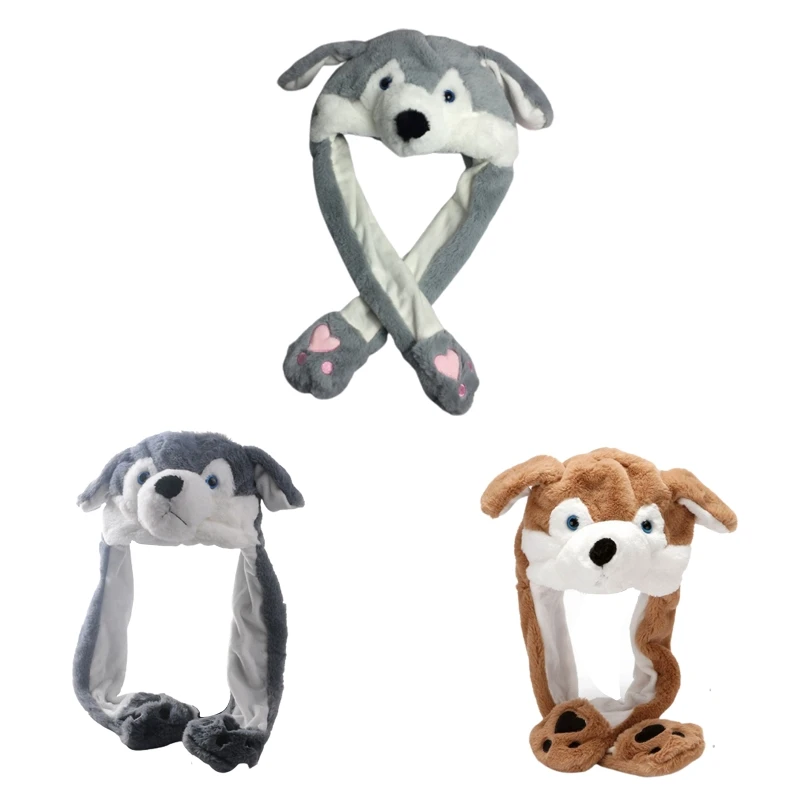 New Jumping Ears Hat Kids Huskies Hat With Paws Moving Ears Hat Adult Dog Earflap Winter Hat Scarf Set One Piece Scarf