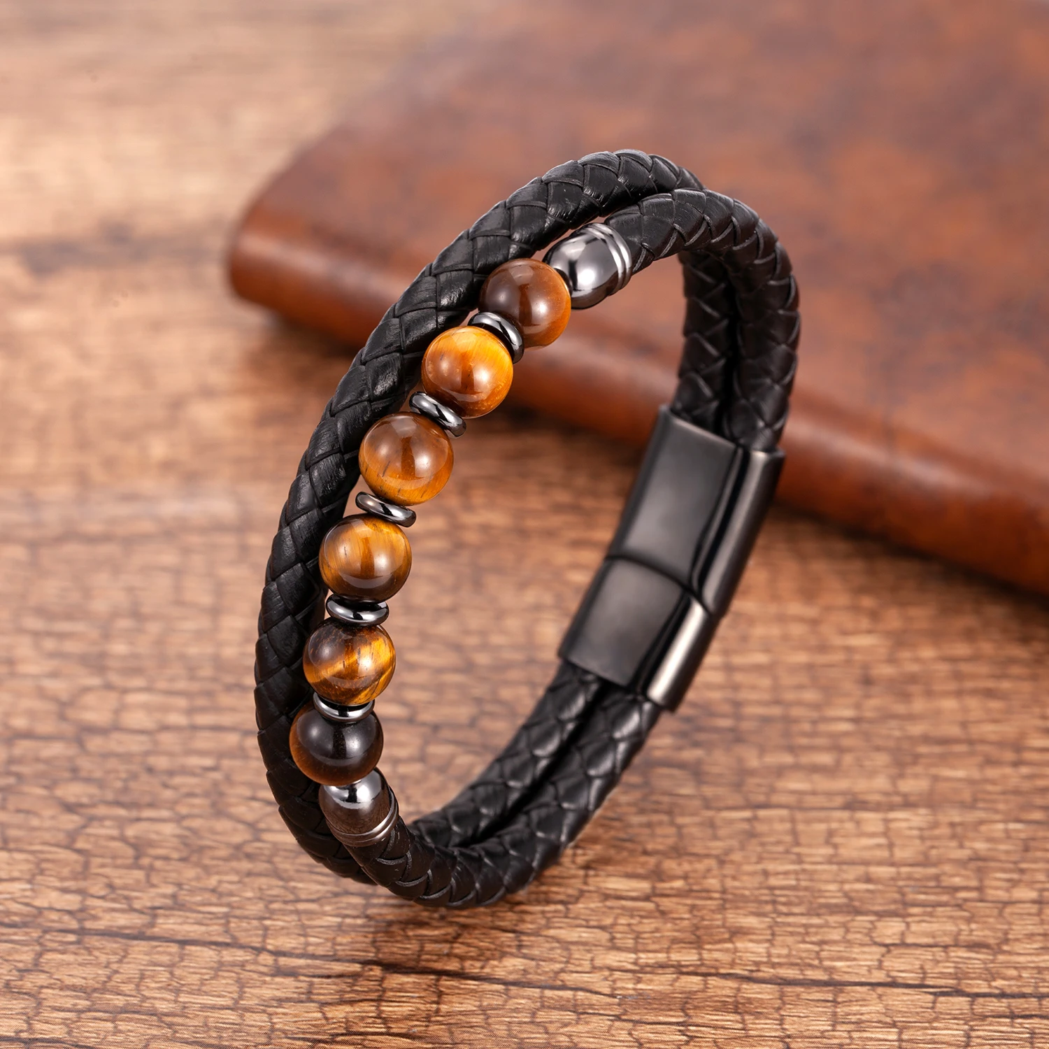 Modischer Herrenschmuck, Charm-Armband mit runden Steinen für Männer, bunte Tigerauge-Perlen, schwarze Lederkette, Armreif, Geschenk für Männer – Detail 8