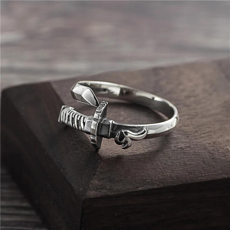 Vintage Samurai Sword Ring Design S925 Sterling Silver Personality Open Resizable Ring Retro Old Original Wholesale Lots Bulk
