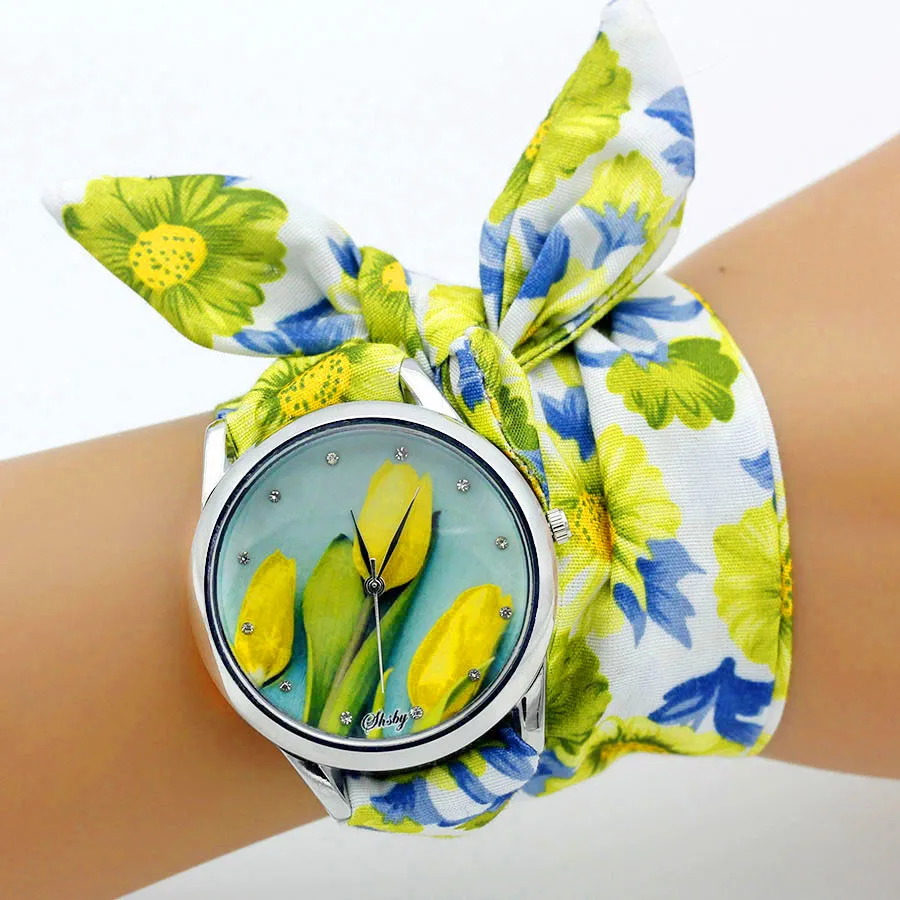 Shsby New Design Ladies Flower Cloth Wristwatch Fashion Women Dress Watch High Quality Fabric Clock Sweet Girls Bracelet Watch