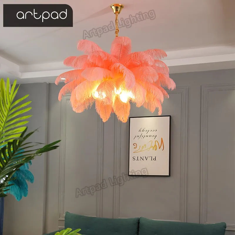 Nordic wisiorek z piórkiem światła kreatywne kolorowe piórka wiszące pokój Lamp Decor sypialnia salon z piór sufitowa Droplight