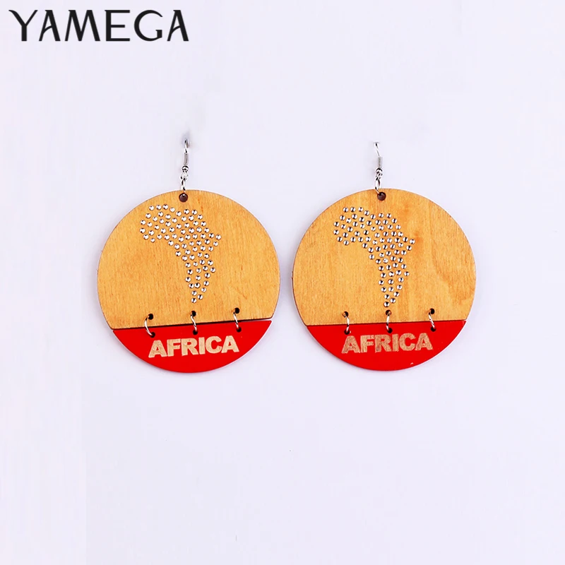 YAMEGA Big Round Natural Wooden Earrings Brown Dangle Rhinestone Earrings Ethnic Africa Map Drop Earrings For Women New Arrival