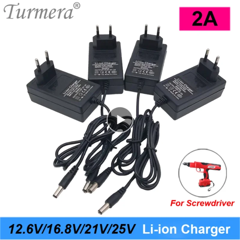 Turmera 3S 4S 5S 6S 12.6V 16.8V 21V 25V 2A 18650 Lithium Battery Charger DC5.5*2.1MM for 12V to 25V Screwdriver Battery Pack Use