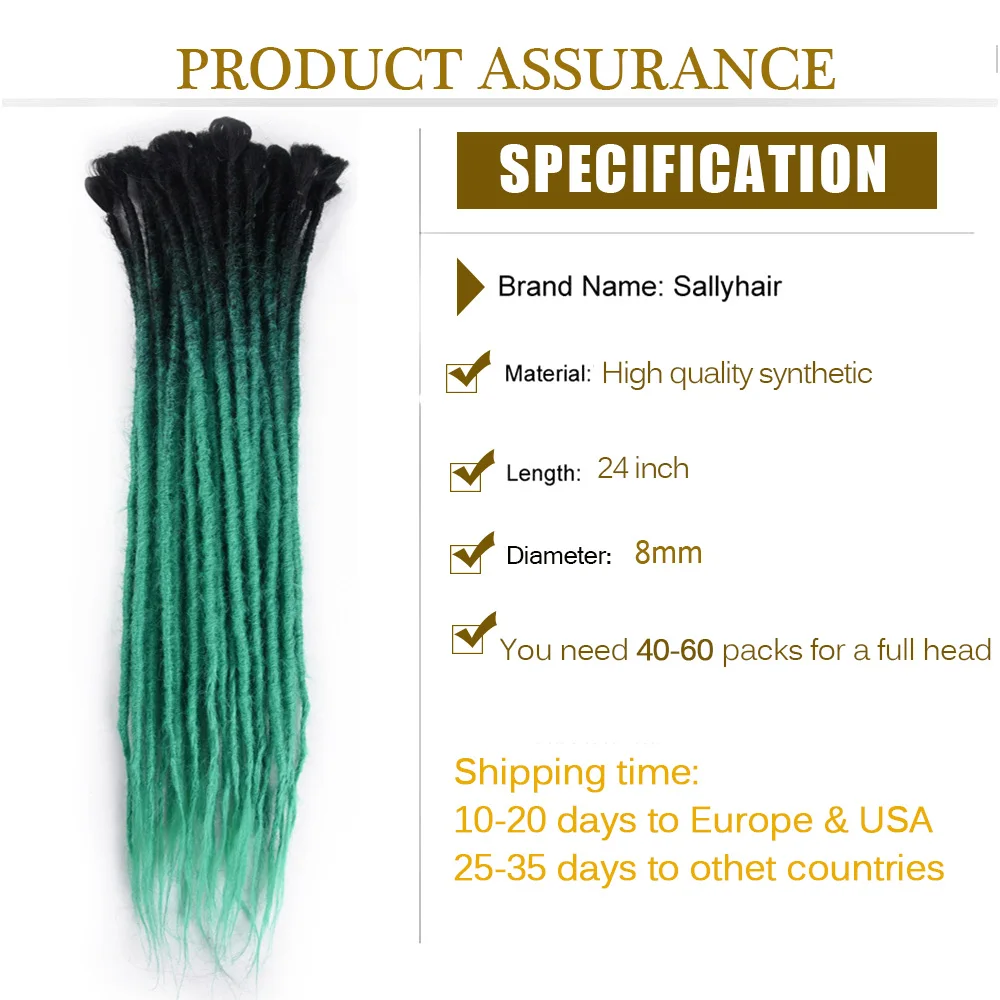 SallyHair-Dreadlocks synthétiques 100% faits à la main pour hommes et femmes, tresses au crochet de style ombré vert