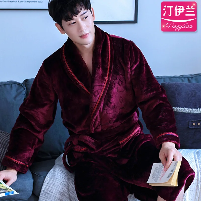 H5957 Men Robes Male Thickened Coral Velvet Autumn Winter Flannel Bathrobe Large Size Long Sleeve Household Clothes Nightwear