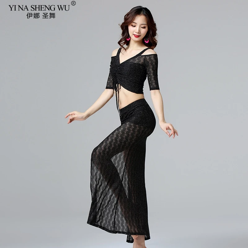 Women Belly Dance Practice Costume Sexy High Split Top+ Skirt Silver Silk Mesh Long Dress Beginner Oriental Dance Training Wear