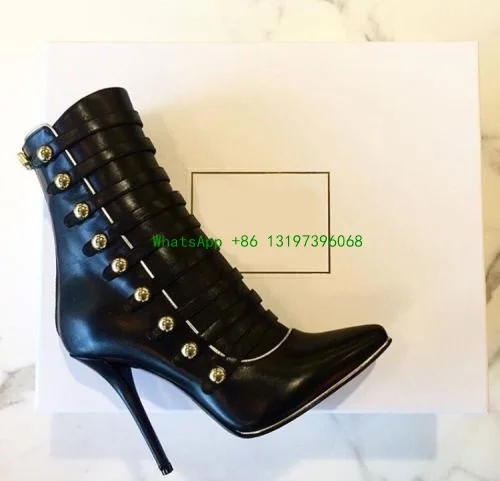 Ladies pointed toe boots, metal buckle stiletto heel ankle boots, classic black everyday footwear catwalk large size boots