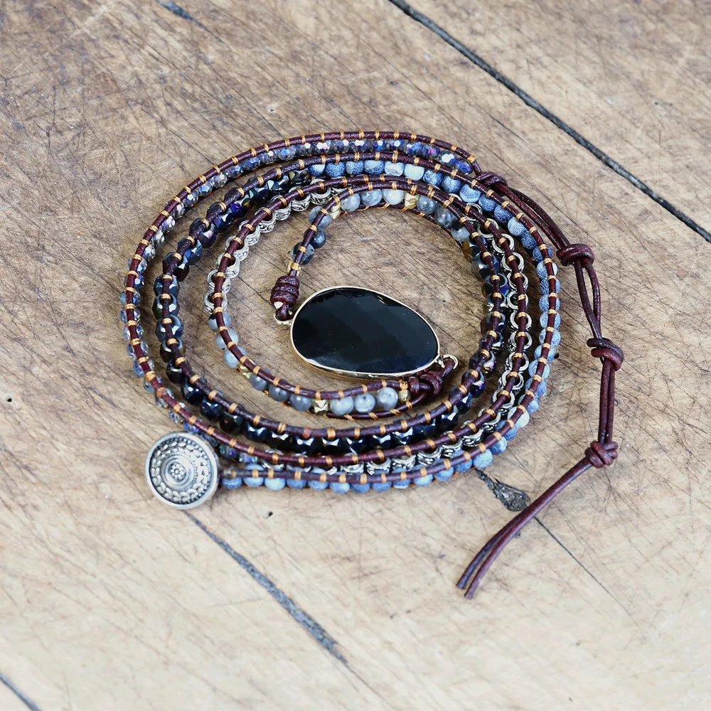 Handmade Jewelry Leather Bracelet Black Onyx Mix 5 Strands Woven Wrap Bracelet Women Beads Bohemia Charm Bracelet