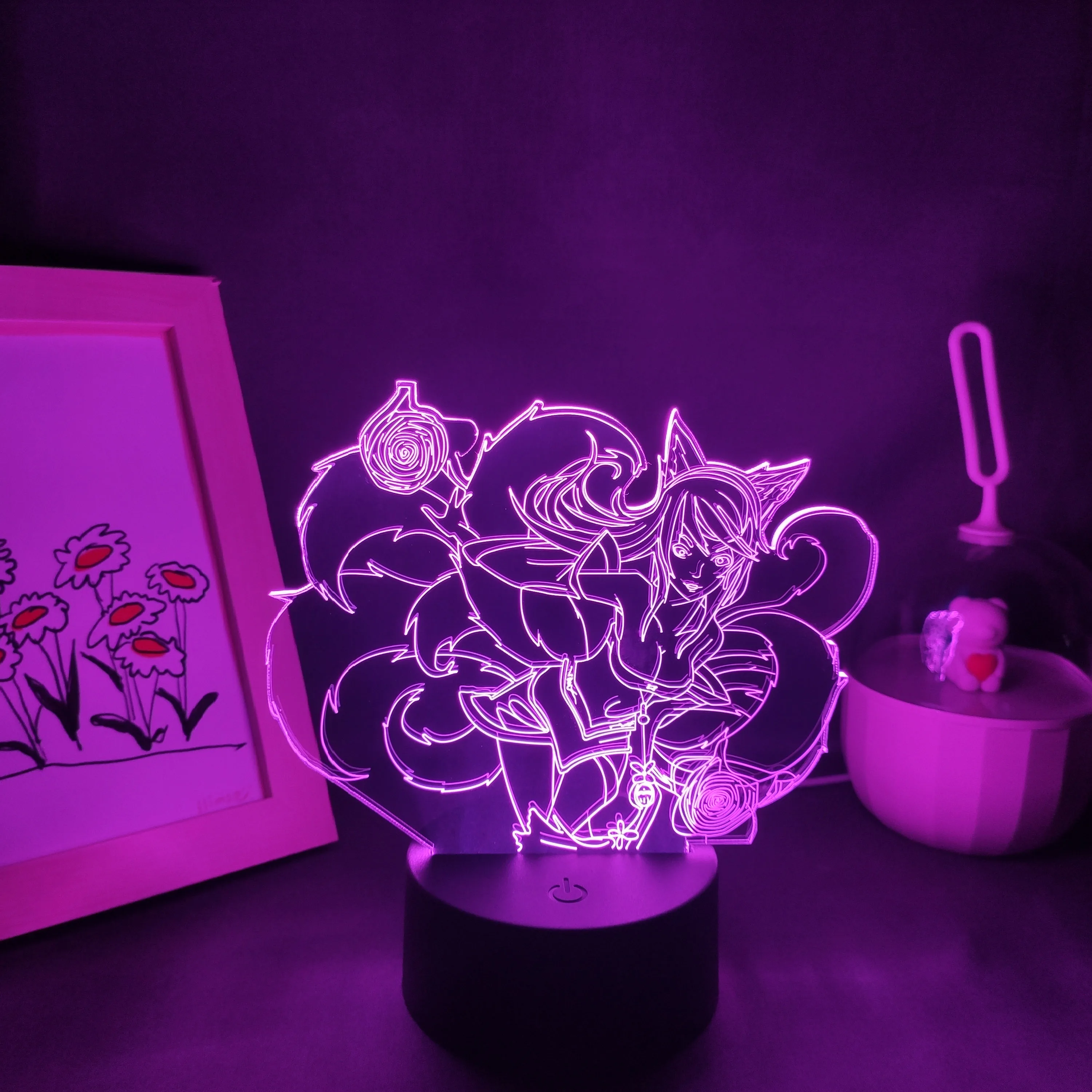 LOL League of Legends Game Figure Ahri The Nine Tailed Fox Lamps 3D Led RGB Neon Night Lights, decoración colorida para mesa de sala de estar
