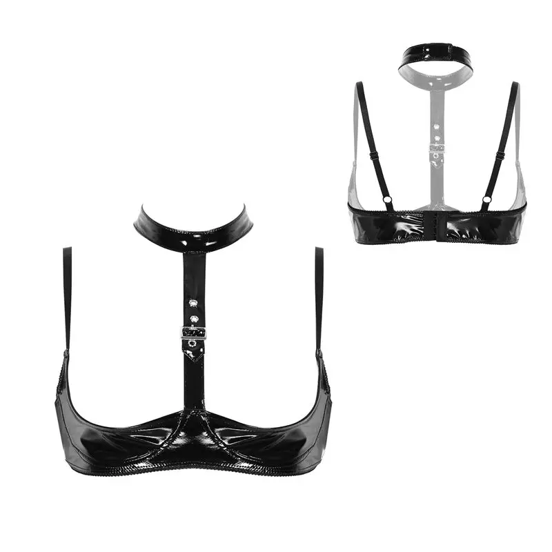 Womens Patent Leather Lingerie Set Black Buckle Halter Wetlook Latex Wire-free Open Cup Bra Top Exposed Breasts Bralette