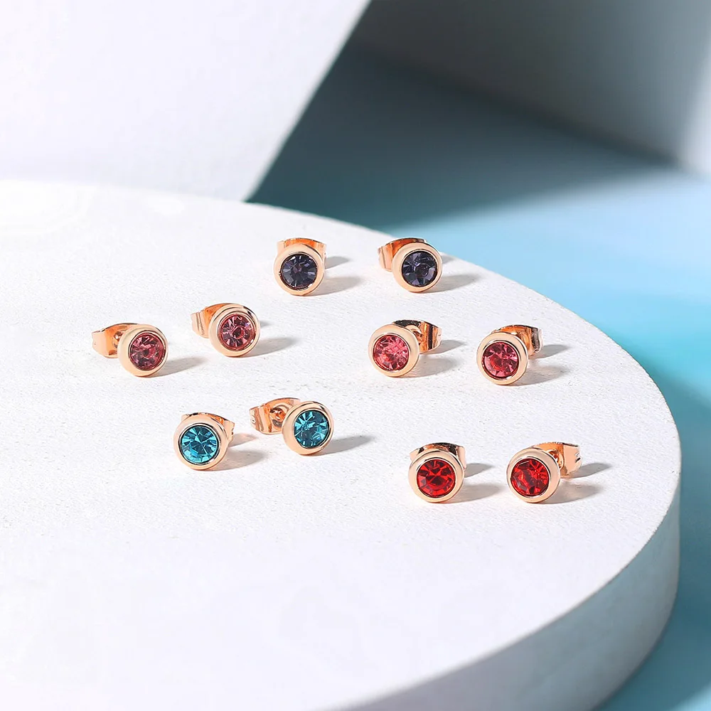 Simple Round Crystal Stud Earring For Women Men Rose Gold Color Multicolor Zirconia Ear Accessories Earing Fashion Jewelry E496