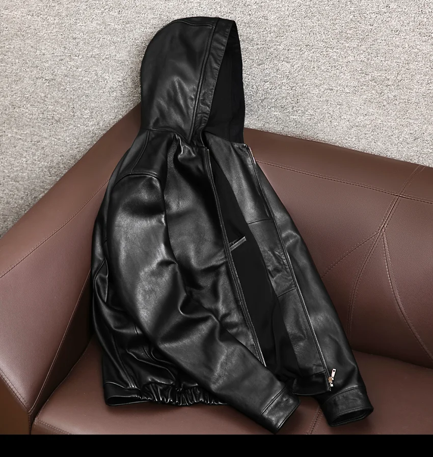 AYUNSUE Men's Genuine Leather Jacket Men Hooded Korean Natural