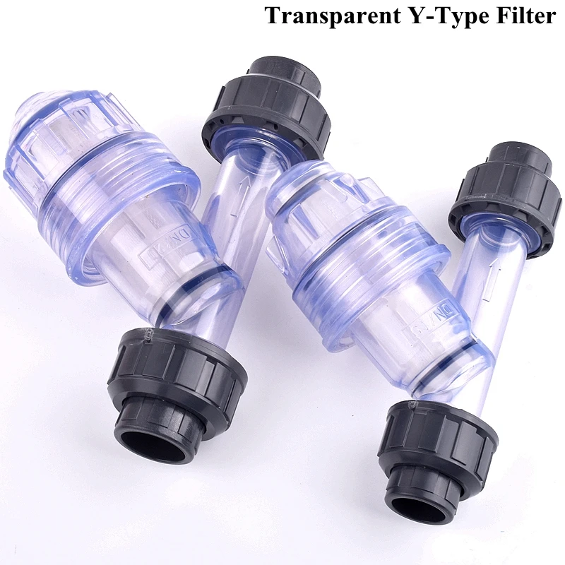 

1pc 20~75mm Transparent UPVC Y-Type Filter Aquarium Fish Tank Adapter Garden Watering Filters Irrigation Water Pipe Connector