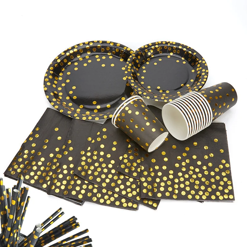 

125pcs Black gold plate cup paper towel package disposable paper tableware birthday party wedding decoration supplies