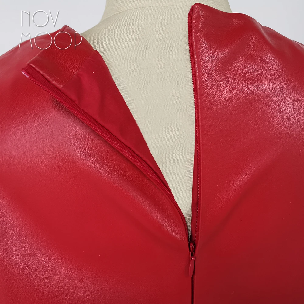 Novmoop di Modo rosso nero di colore a medio e lungo in vera pelle vestito delle donne con la tasca con zip decorazione kurtki damskie LT2809