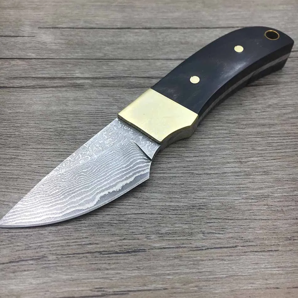 

Damascus Steel Fixed Blade Knife Blade Ebony Copper Handle Camping Portable Survival Hunting Knives